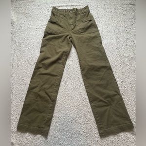 Unpublished - Olive green high waist, slightly wide leg pants. Size 27